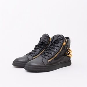 Giuseppe Zanotti Men’s High-Top Black Leather Sneakers  Gold Chain – Size US 11